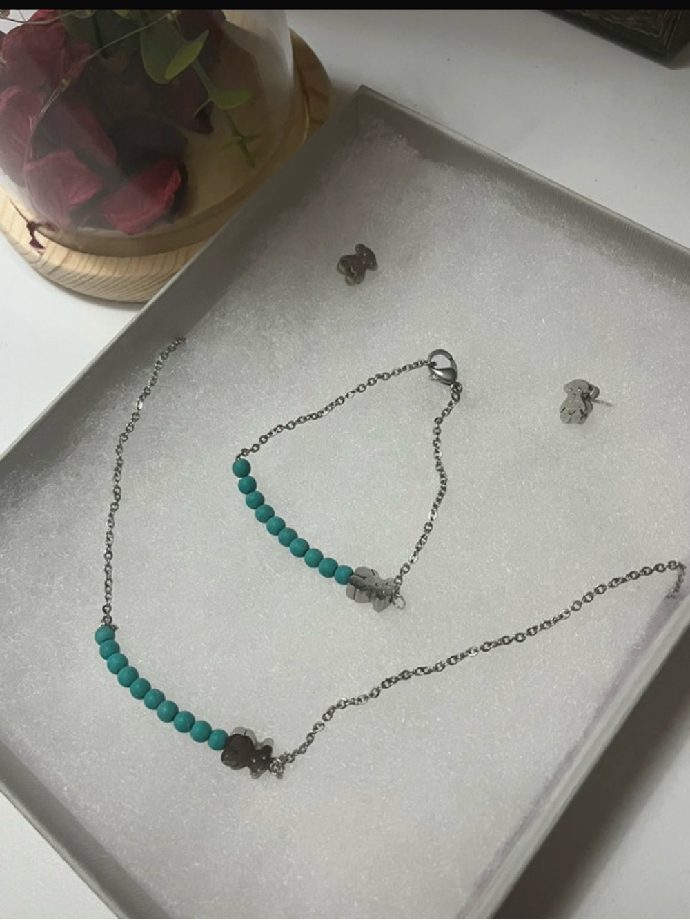 Turquoise Bead Necklace and Bracelet Set with Silver Teddy Charms